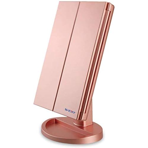 WEILY Makeup Mirror with 21 LED Lights,Two Power Supply, Touch Screen and 1x/2x/3x Magnification Tri-Fold Vanity Mirror for Makeup Desk(Rose Gold)