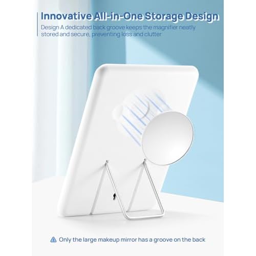 OMIRO Desk Makeup Mirror with 10X Magnifying Mirror, 10 x 7 inches Large Table Mirror with Adjustable Stand and Hanging Hole for Shaving and Travelling, White