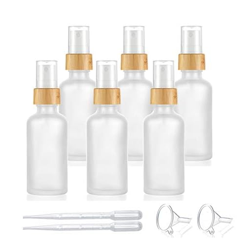 6 Pack,50ml/1.7 oz Frosted Glass Fine Mist Atomiser,Empty Thick Glass Perfume Atomizer Spray Pump Bottle with Bamboo Cap Travel Refillable Vial for Liquid Fragrance Cosmetic Container