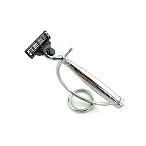 G.B.S Modern Shaving Set, Compatible Razor with 3 Blade Lubricated Strip Cartridge, Badger Shaving Brush with Chrome Handle, Stainless-steel Razor and Brush Stand
