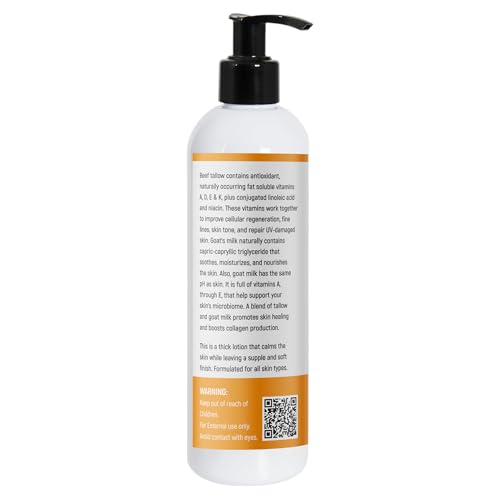 Tallow & Goat Milk Body Lotion for Sensitive Skin, Organic moisturizing Lotion - Soothes Dry skin, Goat Milk face and body Moisturizer - Handmade Tallow for skin cream (12 OZ, Unscented)