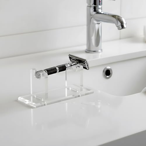 2 Pcs Acrylic Men's Razor Stand Holder Safety Razor Stand Stable Storage Bracket Shaving Brush Stands Bathroom Compatible with MK23C, Clear