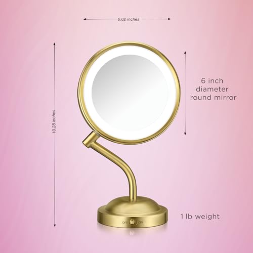 Conair Lighted Makeup Mirror, LED Vanity Mirror, 1X/5X Magnifying Mirror, Battery Operated in Brushed Brass