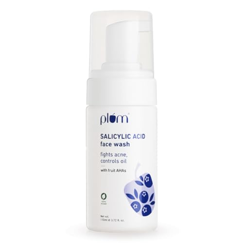 Plum 1% Encapsulated Salicylic Acid Foaming Face Wash with Glycolic Acid, Fruit AHA's & Blueberry Extracts | Fights Acne, Blackheads & Breakouts | For Men & Women | Sulphate-Free | 100% Vegan | 110 ml