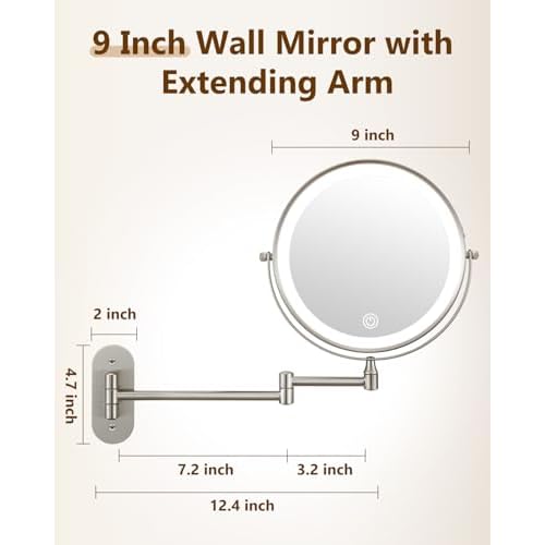 DECLUTTR 9" Wall Mounted Lighted Makeup Mirror, Rechargeable 1X/20X Magnifying Mirror with Light Double Sided, Touch Dimmable 3 Color Light, 360 Rotation Vanity Mirror