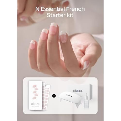 ohora Semi-Cured Gel Nail Strips Value Set (N Essential French Starter Kit) Includes Full Size Lamp and Mini Remover, Salon-Quality, Long Lasting, Easy to Apply & Remove
