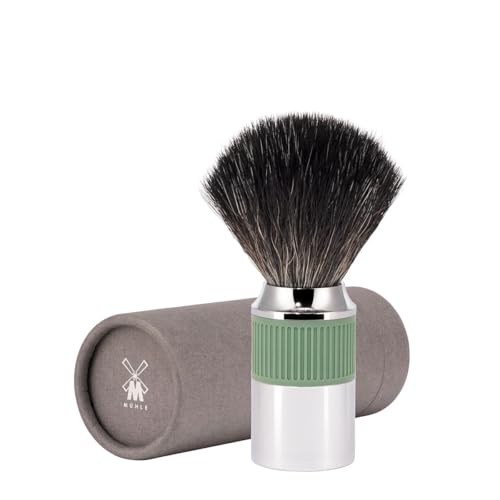M?HLE NEO shaving brush | Vegan Shave Brush for Shaving soaps and creams | sustainable eco-friendly and reusable | exfoliating shaving brush | chrome with sage green silicone grip handle