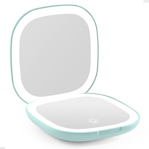 Compact Magnifying Travel Makeup Mirror with LED Light - 3.5 inches 1X/10X Magnification Small Hand Pocket Dimmable Double Sided USB Rechargeable Touch Screen, Portable Tabletop Cosmetic (Green)
