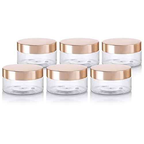 (6 Pack) 8 oz Clear Plastic Low Profile Wide Mouth Jar with Gold Metal Overshell Lid Refillable Empty Storage Containers