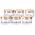 (6 Pack) 8 oz Clear Plastic Low Profile Wide Mouth Jar with Gold Metal Overshell Lid Refillable Empty Storage Containers