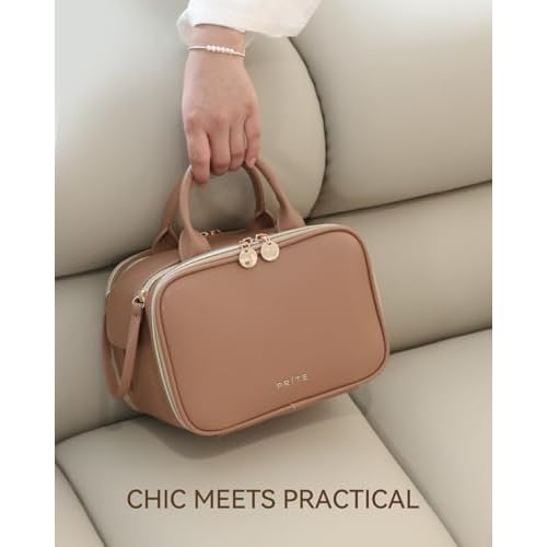 Prite Makeup Bag for Women, Large Capacity Waterproof Travel Cosmetic Organizer, Portable Open Flat Toiletry Bag with Free-standing Brush Holder and Handle(Brown Large)