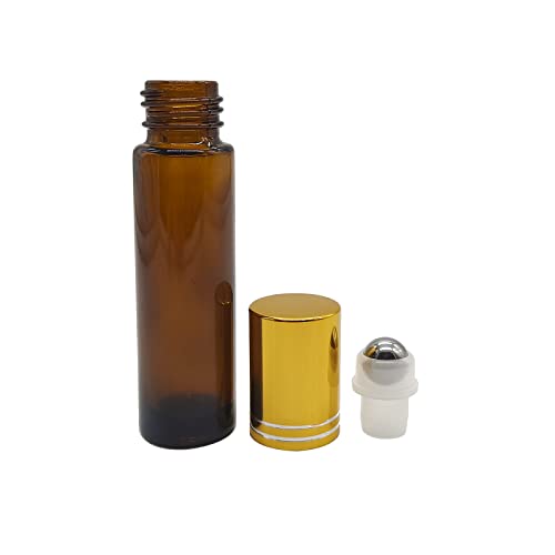 24 Pack Essential Oil Roller Bottles, 10ml Amber Glass Roll-on Bottles with Stainless Steel Roller Balls and Gold Cap