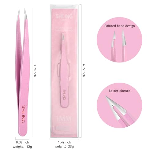 SHILING Professional Precision Tweezers, Stainless Steel Pointed Tip, 0.1mm Ultra-Thin, Pink, Eyebrow and Facial Hair Removal, personal care and makeup tools