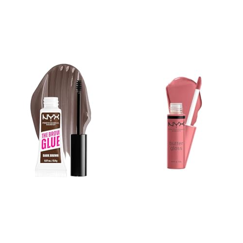 NYX PROFESSIONAL MAKEUP The Brow Glue Extreme Hold Tinted Eyebrow Gel Dark Brown & Butter Gloss Non-Sticky Lip Gloss Tiramisu