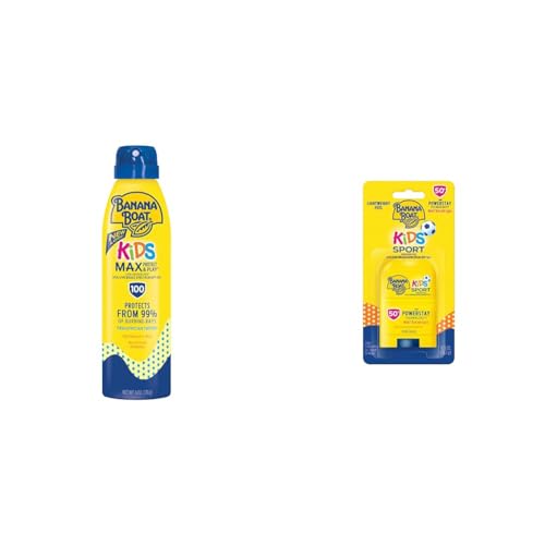 Banana Boat Kids Max Protect & Play Clear Spray Sunscreen SPF 100 6oz and Sport Sunscreen Stick SPF 50 0.5oz Bundle