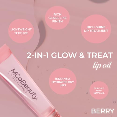 MCoBeauty - Glow and Treat 2-in-1 Lip Treatment - Birthday Cake Scent - Moisturising Lip Oil with Squalane and Roller Ball Applicator - Glossy Shine Finish - Stocking Stuffers for Teen Girls - 10ml