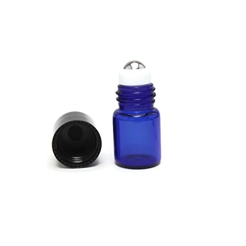 2ml COBALT BLUE Glass Vial/Bottle Micro Roller (144) w/Stainless Steel Roller Inserts and Flat Black Screw Caps - Pack of 144 each