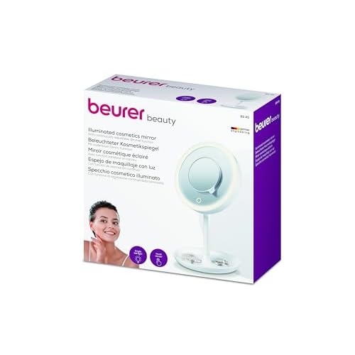 Beurer Illuminated 5X Vanity and Cosmetics Mirror, Touch Sensor Surface, Storage Tray, with Portable, Magnetic Magnifying Makeup Mirror, White LED Light and Dimmer, Cordless, 360¡Æ Rotation, BS45