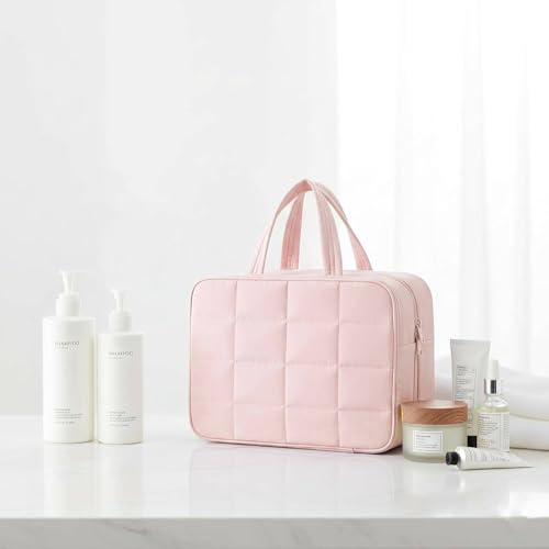 Travel Toiletry Bag for Women,Portable Hanging Makeup Organizer with Jewelry Organizer,Cosmetic Travel Bag for Toiletries,Full Sized Shampoo,Conditioner,Pink