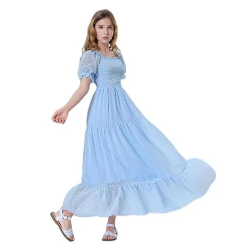 Mebius Girls Maxi Dress Long Smocked Dresses Swiss Dots Square Neck Short Sleeve Casual A-line Flowy for 6-12 Years