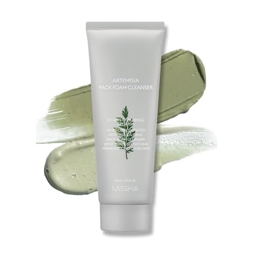 MISSHA Artemisia Pack Foam Cleanser 5.07 Fl oz/ 150ml, 2-in-1 Korean Facial Cleanser & Clay Mask with Double-Fermented Mugwort Extract, Soothes Sensitive Skin