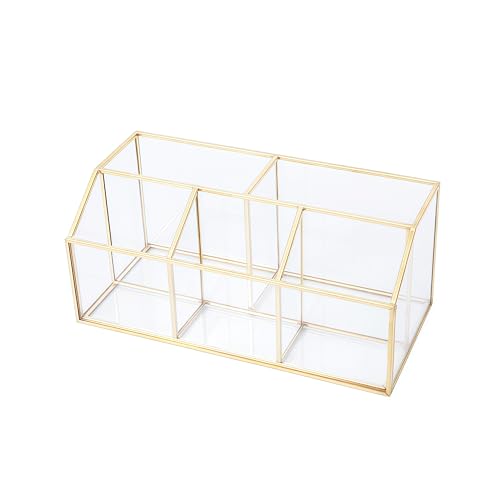 JIARI Gold 5-Compartment Desktop Organizer, Transparent Glass Makeup Brush Holder, 9.05x4.33x3.93 Inches Storage for Home Office and School Items (Gold-5 Slot)