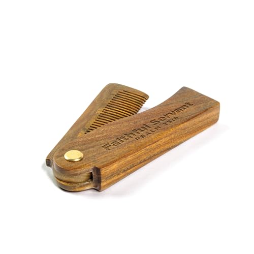 Wooden Beard Comb For Men - Psalm 25:9, Faithful Servant - Sandalwood Smooth Gliding Pocket Beard Comb w/Engraved Bible Verse, Beard & Mustache Folding Comb For Men As Gifts For Christian Men