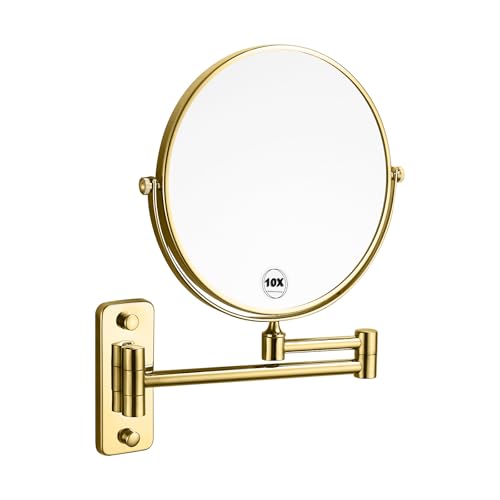 Gold 1x10x Double Sided Magnifying Bathroom Makeup Mirror 360 Degree Swivel Mirror Adjustable Telescopic Arm Wall Mount 8 Inch Non-Illuminated Beauty Mirror Shaving Mirror£¨Square Base£©