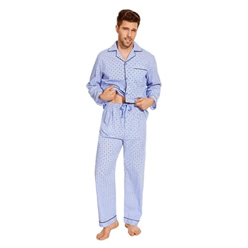 GLOBAL Mens Pajamas Set, 100% Cotton Woven Drawstring Sleepwear Set with Top and Pants/Bottoms