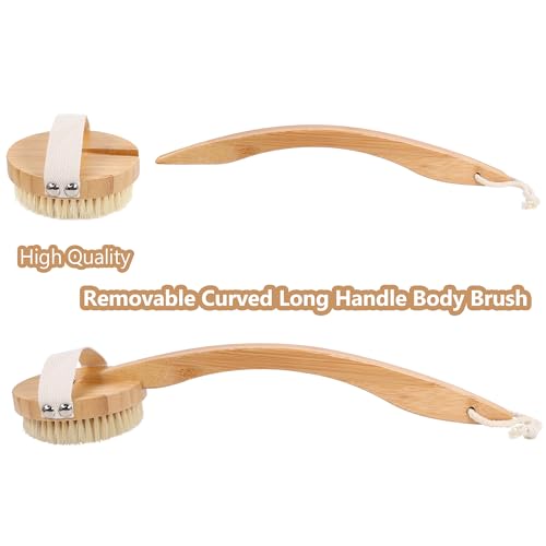 OWIIZI Dry Brushing Body Brush for Back, Detachable Round Head Bristle Large Area Body Brushes for Lymphatic Drainage, Bamboo Curved Long Handle Skin Exfoliator For Men Women Elders Dry Use