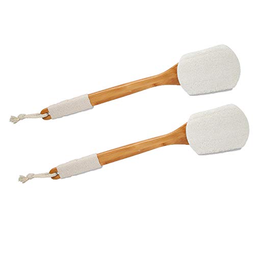 Leotruny 100% Natural Exfoliating Loofah with Long Wooden Handle Shower Back Brush (Off-White (2 Pack))