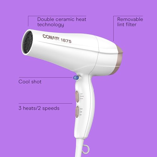 Conair Double Ceramic Hair Dryer, 1875W Blow Dryer with Diffuser and Concentrator, Ionic Conditioning, 3 Heat & 2 Speed Settings, Amazon Exclusive, White