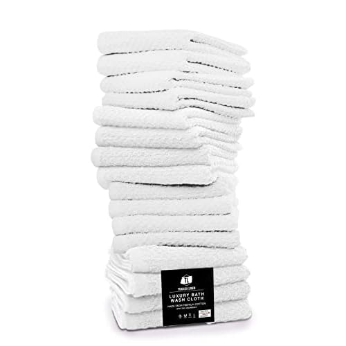 16 Pack Cotton Washcloths for Body and Face, 12x12 Inches, Pack of 16, Multipurpose and Lightweight Wash Clothes for Face. Highly Absorbent - Travel and Bath Towel (White)