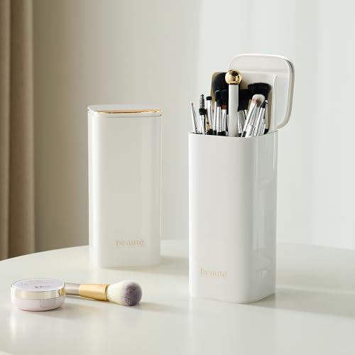 Makeup Brush Holder with Lid, Automatic Lifting Waterproof Dustproof Makeup Brushes Organizer for Vanity Desktop Bathroom Countertop(White)