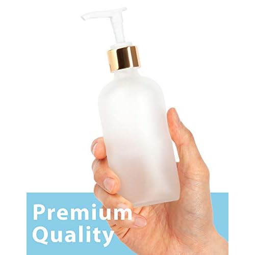 JUVITUS (4 pack) 8 oz Clear Frosted Glass Boston Round Bottle with Gold Lotion Pump