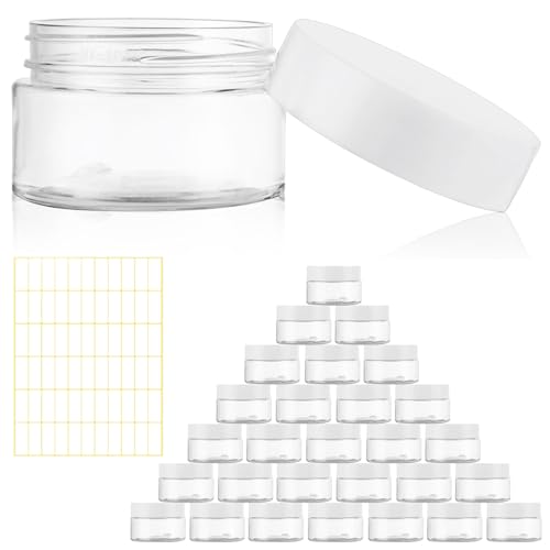 Acrux7 60 Pack 1oz Plastic Jars Round Clear Cosmetic Container Jars with White Lids, Refillable Empty Plastic Slime Jars for Lotion, Cream, Ointments, Makeup, Eye Shadow, Samples