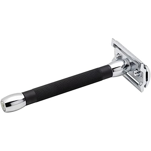 MERKUR 20C Double Edge Safety Razor, Long Handle, Black Anodized Aluminum & Bright Chrome Finish, Three-Piece Design, Closed Comb Straight Bar, Made in Germany