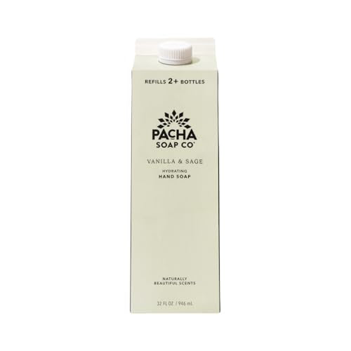 Pacha Soap Co. Liquid Hand Soap Glass Bottle & Refill - Vanilla & Sage, Hydrating & Moisturizing, Clean Ingredients, Paraben & Dye Free, Made in USA, 2-Pack (12.5 fl oz Bottle, 32 fl oz Refill)