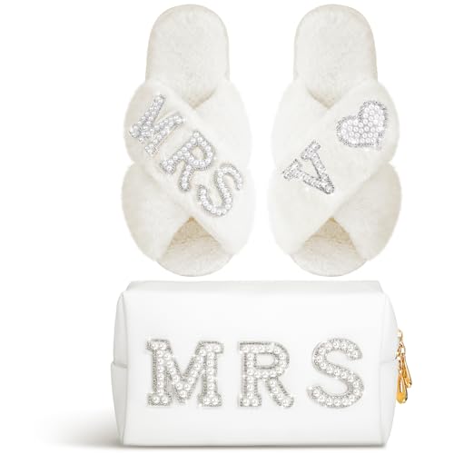 Xtinmee Personalized Initial Wedding Bride Slippers MRS Pearl Letter Makeup Bag Bridal Shower Gifts for Wedding Day (V)