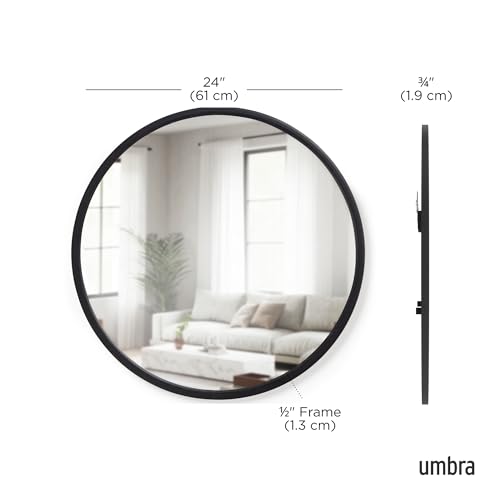 Umbra Hub Round Wall Mirror with Rubber Frame, Modern Style for Bathroom, Entryway, Living Room and More, 24-Inch, Black