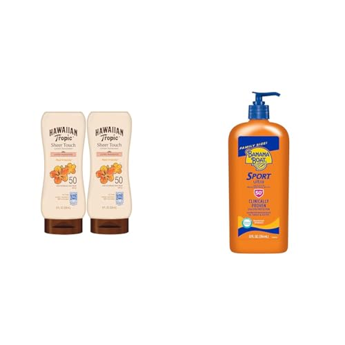 Hawaiian Tropic Sheer Touch Ultra Radiance SPF 50 Twin Pack & Banana Boat Sport Ultra SPF 50 Sunscreen Lotion Family Size