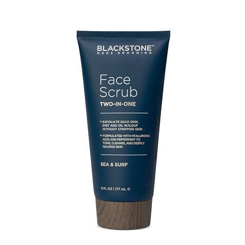 Blackstone Men's Grooming 2-in-1 Facial Scrub & Shave Gel with Hyaluronic Acid and Peppermint - Cleanse & Exfoliate | Hydrates Skin After Shaving | USA Made, Sea & Surf (6 Fl Oz)