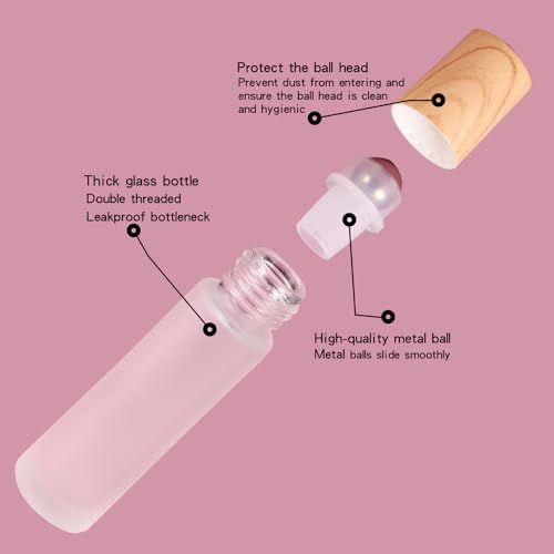 12 Pack Essential Oil Roller Bottles,10ml Empty Frosted Glass Roller Bottles with Stainless Steel Roller Balls and Caps Refillable Container for Perfume Roll on Bottles ( Wood Grain Plastic Caps)