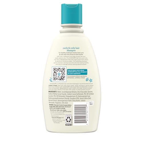 Aveeno Kids Curly & Coily Hair Shampoo, Hydrating Shampoo for Type 3 & 4 Hair, Kids Curly Hair Products suitable for Sensitive Scalps with Oat Extract & Shea Butter, Paraben-Free, 12 fl. oz