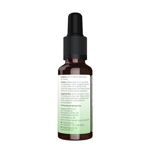 NOW Solutions, Organic Rose Hip Seed Oil, Certified Organic and 100% Pure, For Facial Care, Expeller Pressed, Vegan, Child Resistant Euro Dropper, 1-Ounce