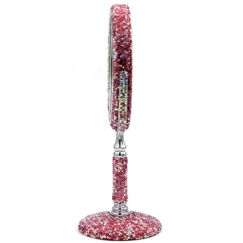 Bling Rhinestone Double-Sided Tabletop Makeup Mirror, Round Metal Makeup Mirror with 1:2 Magnifying Mirror, Rotating Mirror (Pink)