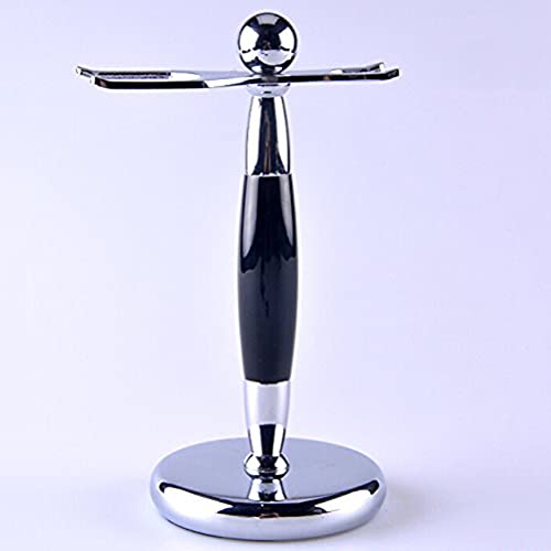 SANWA Deluxe Stainless Steel Shaving Brush Stand Holder for Razor & Brush - Extra Wide Openings, Weighted Base Black Handle