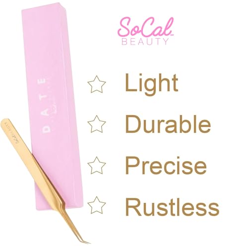 Date Classic Pickup Lash Tweezer by SoCal Beauty | Precision Gold Eyelash Tweezer for Eyelash Extensions, Hand-Tested with 1mm Guide ? Ideal Lash Tweezer for Eyelash Extension