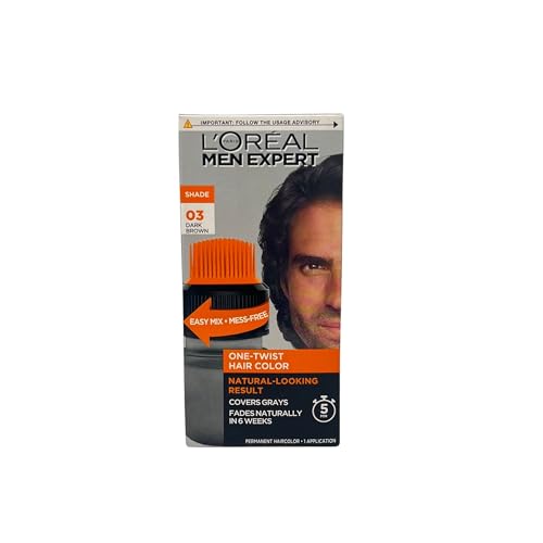 L¡¯Oreal Paris Men Expert One Twist Mess Free Permanent Hair Color, Mens Hair Dye to Cover Grays, Easy Mix Ammonia Free Application, Dark Brown 03, 2 Application Kit