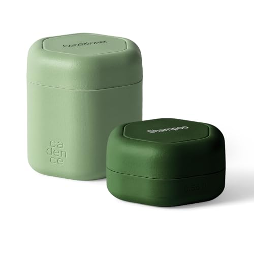 Cadence Travel Containers - 2 Piece Haircare Set - Magnetic Travel Capsules - For Shampoo, Conditioner, Hair Styling Product - 1 Small & 1 Medium Capsule - Shampoo & Conditioner Labels - Evergreen